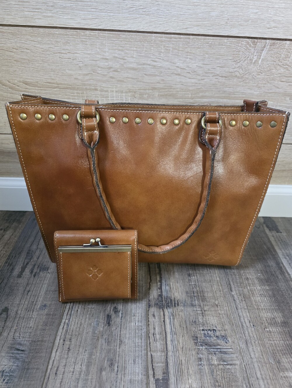 Patricia Nash Cognac Leather Tote with Matching Coin Wallet